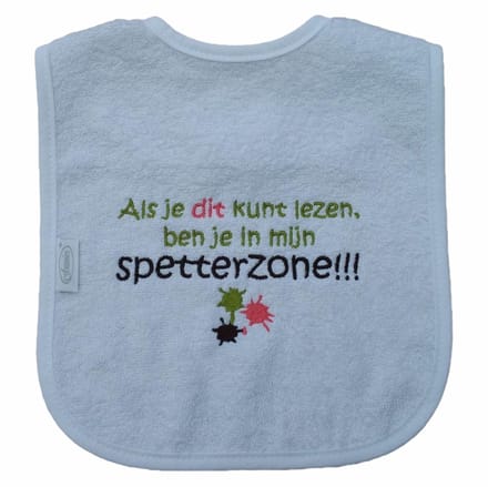 Witte slab met "Als je dit kunt lezen, ben je in mijn spetterzone"