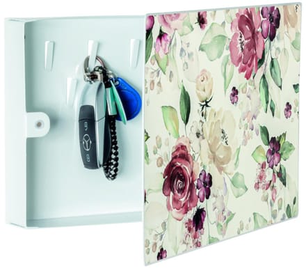 Sleutelkastje – Wit metalen kastje met decoratieve bloemen – 9 handige haken – Stijlvol en ruimtebesparend ontwerp – 28x19 cm