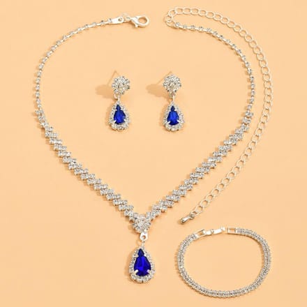 Diamant Drop Oorbellen, Armbanden, Oorbellen, Ketting Set, Modieuze Bruids Bruiloft Sieraden, Drie delige Set. blauw