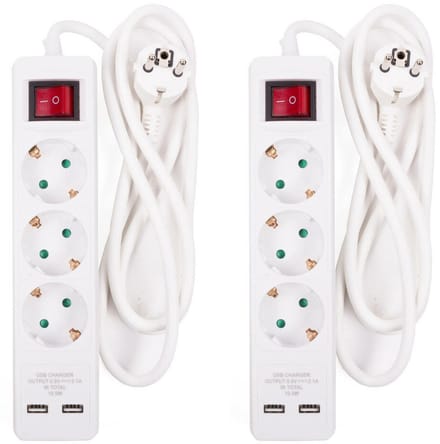 Benson Stekkerdoos 3-voudig- 2x usb - schakelaar - geaard - wit - 150 cm - stekkerdozen - verlengsnoeren