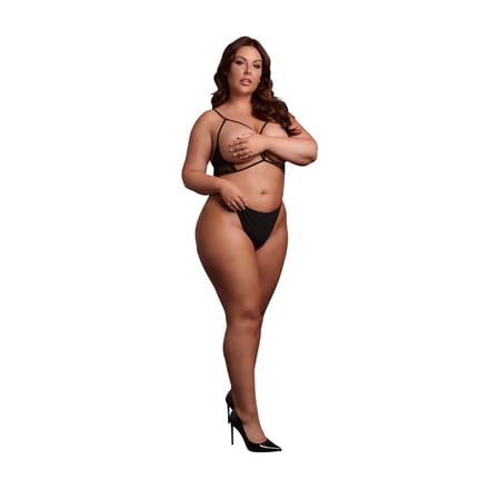 Open Cup Triangle Bra with Lace and Adjustable Sliders - Plus Size - Black