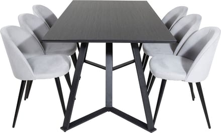 MarinaBLBL eethoek eetkamertafel zwart en 6 Velvet eetkamerstal fluweel lichtgrijs, zwart.