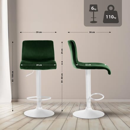 CLP Barkruk Hover - met rugleuning - verstelbaar - draaibar - metalen frame - fluweel - wit/groen