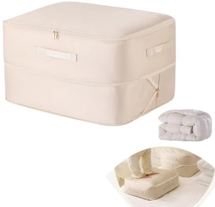 Middelgrote zelfcomprimerende opbergtas voor dekbedden en kleding, ruimtebesparende organizer in beige