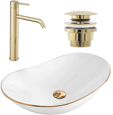 Rea Royal Opzetwastafel White Wit + Wastafelkraan Lungo High Goud + Kurk Goud