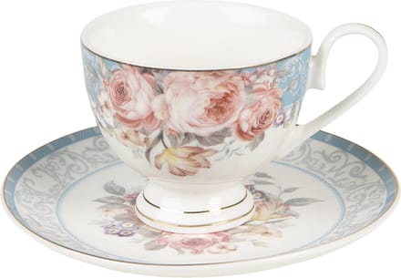 Clayre & Eef Kop en Schotel 200 ml Wit Blauw Porselein Bloemen