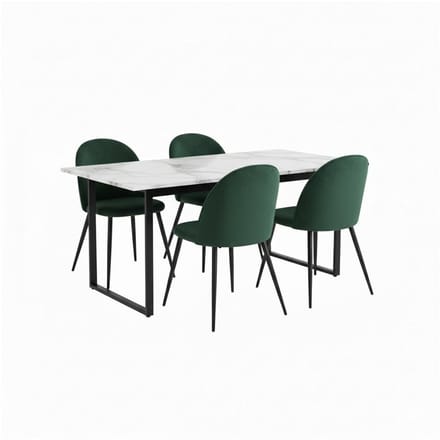 Tilst eethoek eettafel wit marmerprint 90x160 4 stoelen velours groen.