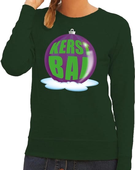 Foute kersttrui kerstbal paars op groene sweater voor dames - kersttruien M