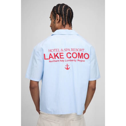 Oversized Boxy Revere Lake Como Geborduurde Streep-shirt | Blue | Size Medium