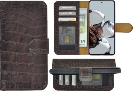 MoDo hoesje voor Xiaomi 12T/ 12T Pro - Echt Leer Book Case - Croco Chocoladebruin