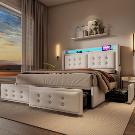 REDOM Bedframe 180x200 cm – Katoen-linnen – 4 lades – LED & USB/Type-C – Beige – 300 kg