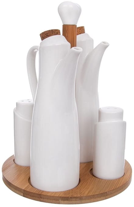 Salière, poivrière, bouteilles d'huile et de vinaigre, porcelaine, avec support, WHITELINE, 5 pièces.