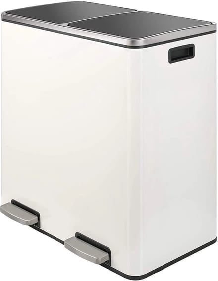 Pedaalemmer 2 vakken - 60L - Prullenbak - Afvalscheiding - RVS - Softclose - Anti-slip - Wit