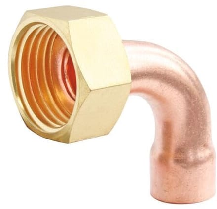 Verbindingsstuk, gebogen, koper, diameter 12/moer 15/21