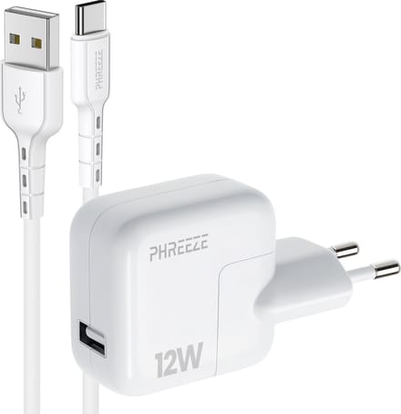 Phreeze usb adapter 12 W - Usb A naar usb C kabel 1 meter - Usb power adapter voor telefoon en tablet