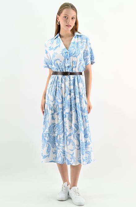 YesMooi - Midi Blousejurk met Ceintuur - Lichtblauwe Bladprint - M (38)