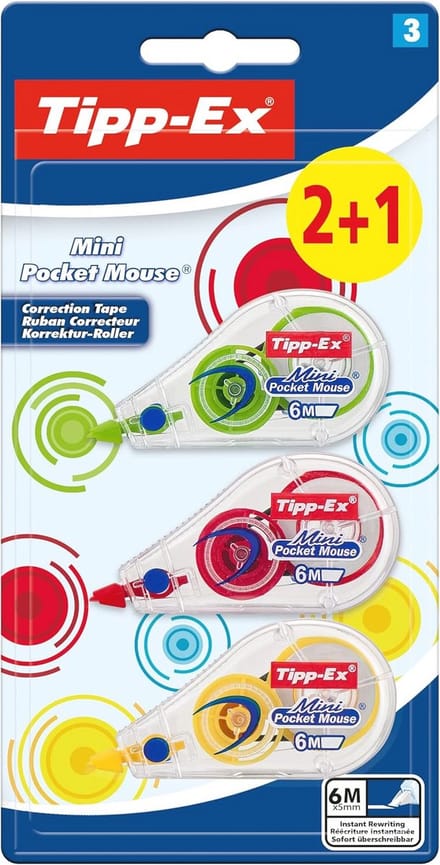 Mini Pocket Mouse Correctie Roller - Diverse Kleuren - Verpakking van 3