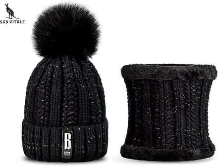 San Vitale® - Muts - Set met Col - Dikste kwaliteit - 200+ gram - Muts Dames - Wintermuts - Zwart
