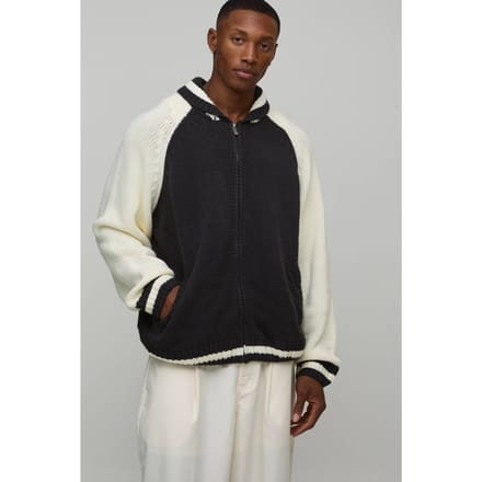 Oversized Chunky Knitted Bomber Jacket | Ecru | Size Medium