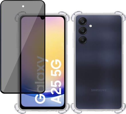 Hoesje + Privé Screenprotector geschikt voor Samsung Galaxy A25 – Privacy Tempered Glass - Case Transparant