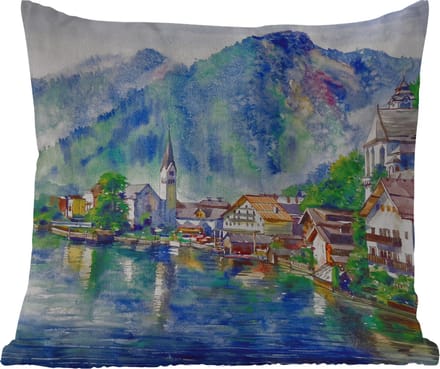 Buitenkussen - Schilderij - Olieverf - Huis - Bergen - Water - 45x45 cm - Weerbestendig