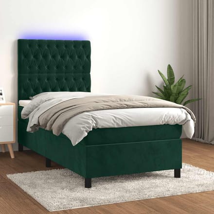 vidaXL - Boxspring - met - matras - en - LED - fluweel - donkergroen - 90x190 - cm