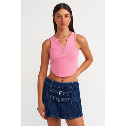 Dames Geribbelde Crop Blouse Met Knopen
