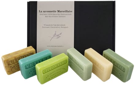 Marseille zeep bar cadeauset: Vetiver, Citron Vert, Tilleul,Chanvre, Eucalyptus, Citron broyé