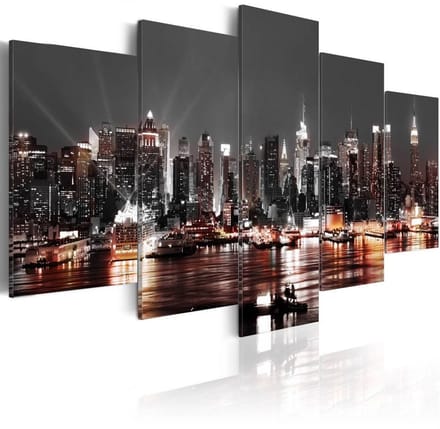 Schilderij - Grijze Stad , New York in de Nacht , 5 luik