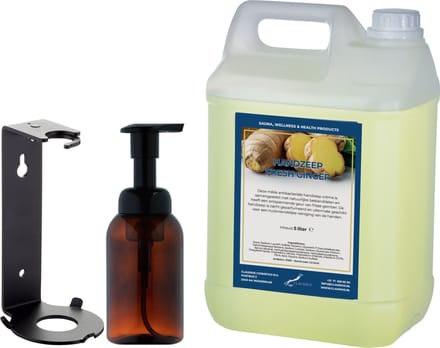 Zeepdispenser 300 ml amber bruin hervulbaar + 5 liter Handzeep Fresh Ginger navulling (inclusief beugel)
