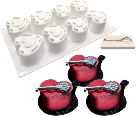 Cake Jelly Pudding Snoep Chocolade Siliconen Mal, 8-gats Hartvorm met Sleutel