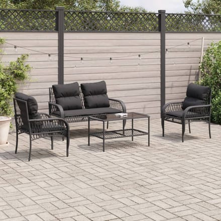 vidaXL - 4-delige - Loungeset - met - kussens - poly - rattan - zwart