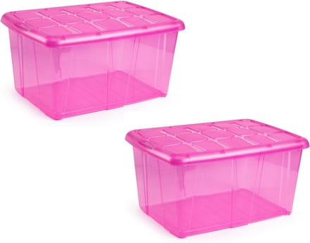 Plasticforte opslagbak organizers met deksel - 2x - transparant/roze - 60 liter - kunststof