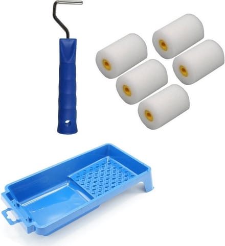 5x verfrollers / schuimrollers fijn incl rollerbeugel en verfbakje - 5 cm - geschikt voor diverse soorten verf - schilderbenodigdheden
