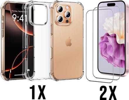 Casemania Hoesje Geschikt voor Apple iPhone 16 Pro - Transparant - Anti Shock Back Cover / 2x Glazen Screenprotector