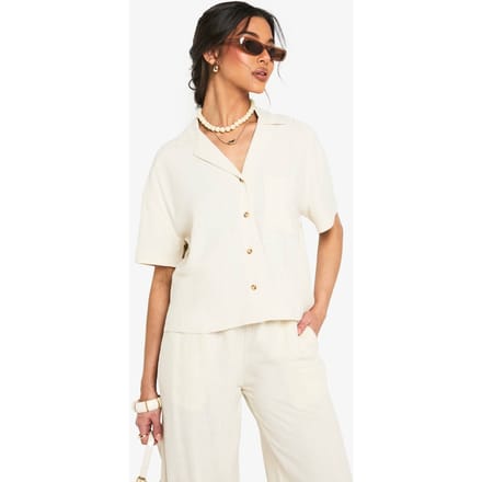 boohoo Dames Premium Linnen Korte Mouwen Overhemd | Steen | Maat: 36
