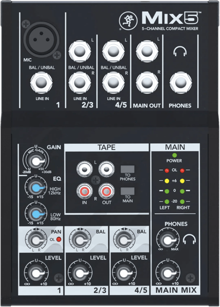 Mackie Mix5 Compact Mengpaneel, 1 Mono- en 2 Stereo-ingangen, Zwart