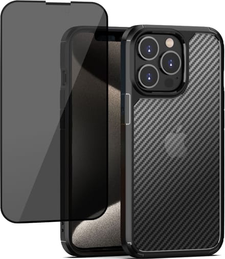 Geschikt voor iPhone 15 Plus Carbon Hoesje + Privacy Screenprotector – Privé - Gehard Glas Cover - Carbon Shock Proof Cover Case