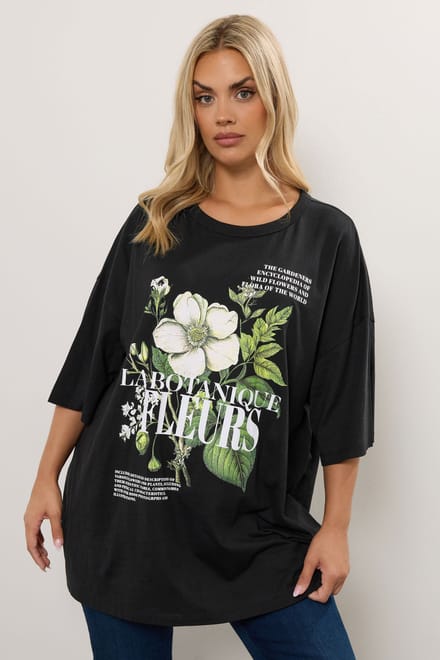 Yours Zwart "La Botanique Fleurs" Boxy Grafisch Tshirt Met Bloemen Size 48