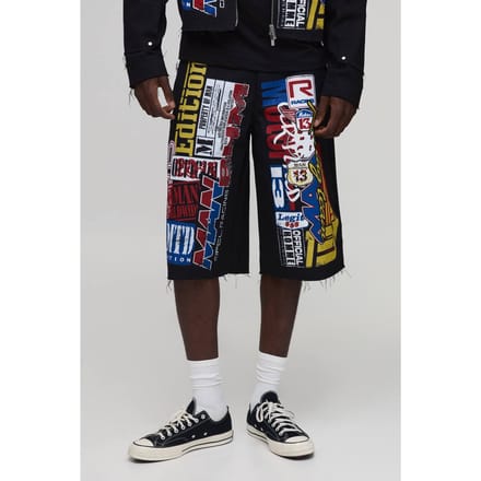 Ontspannen Pasvorm Gestapelde Print Lange Short | Black | Size Medium