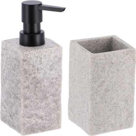 Badkamer set - zeeppomp/tandenborstelbeker - grijs - kunststeen - polyresin