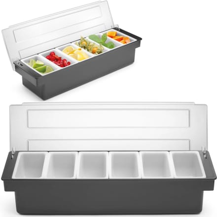BarUp Ingrediëntenhouder – 6 containers – transparant deksel – vaatwasserbestendig – 480x150x100 mm