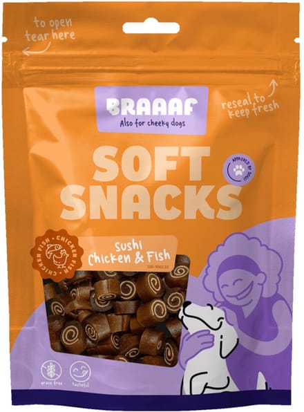 Braaaf Hondensnack Sushi Kip - Vis - 10 x 85 gr - Voordeelverpakking