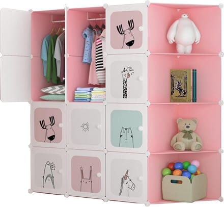 Grote Modulaire Kinderkledingkast met 16 Vakken voor Kleding en Speelgoed - Roze