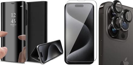Hoesje geschikt voor iPhone 15 Pro Max - Screenprotector GlassGuard & Camera Lens Screen Protector Zwart - Book Case Spiegel Zwart