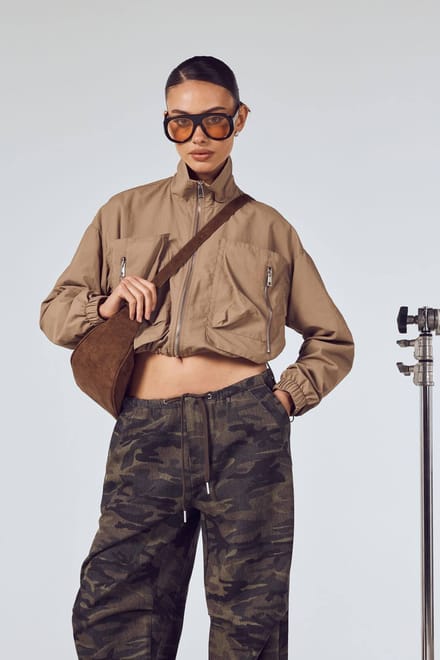 boohoo Dames Funnel Neck Korte Utility Jas | Paddestoel | Maat: 36