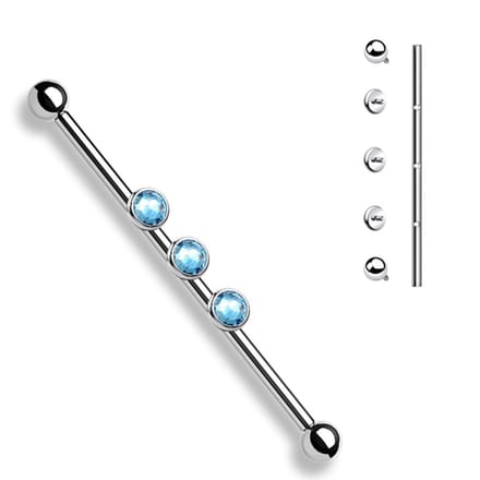 Industrial piercing 3 interne schroefdraad gemmed - zilver aqua - LMPiercings