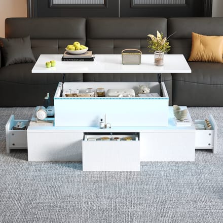 MODFU Salontafel - Verstelbaar Blad En LED - Modern - Voor De Woonkamer - MDF - Wit - 100 X 50 X 40 Cm