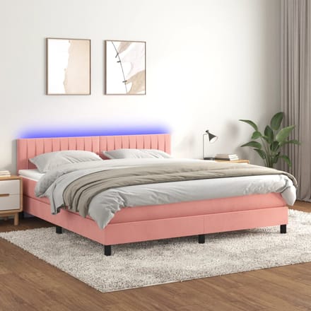 vidaXL - Boxspring - met - matras - en - LED - fluweel - roze - 180x200 - cm