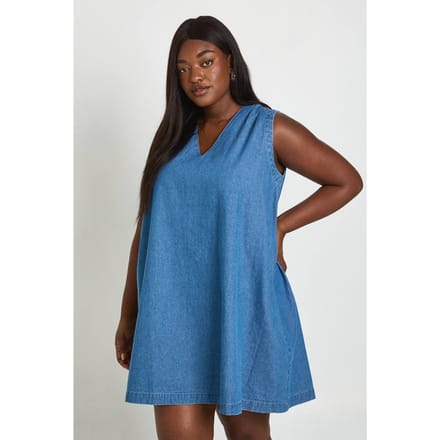 boohoo Dames Plus Chambray Mini-jurk Met V-hals | Medium Gebleekt | Maat: 46